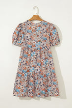 Apricot Bohemian Floral Print Short Puff Sleeve Mini Dress