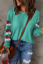 Green Sequined Santa Hat Long Sleeve Round Neck Top