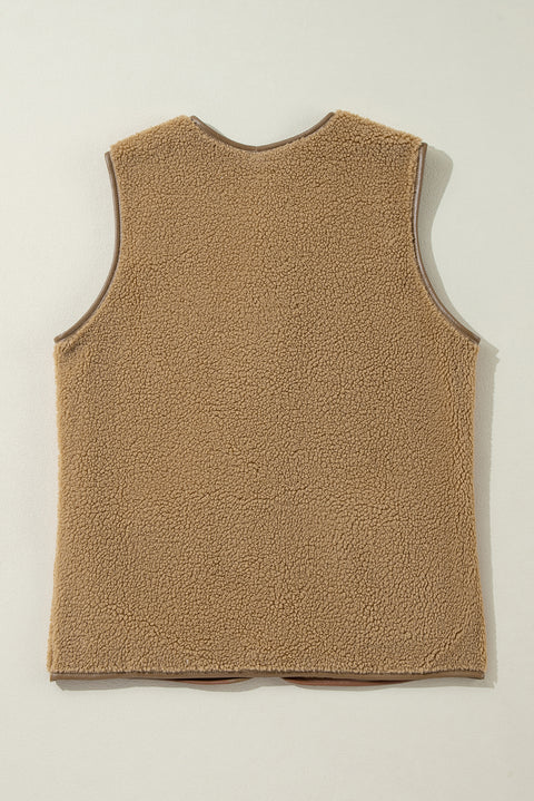 Camel Leather Contrast Side Pockets Buttoned Fleece Vest