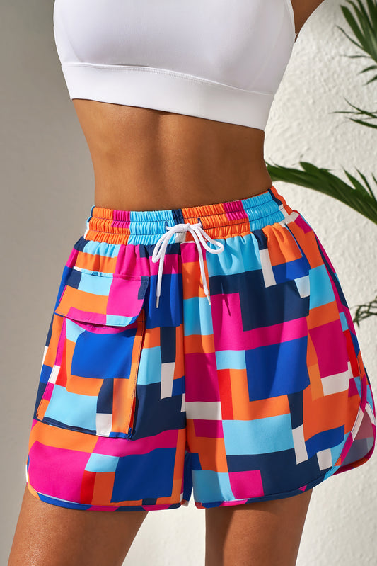 Rose Geometric Printed Drawstring Waist Beach Shorts with Pockets