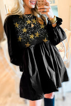 Black Sequined Stars Flounce Sleeve Ruffled Babydoll Dress