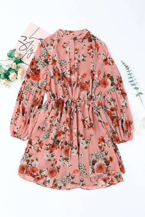 Vintage Floral Print Drawstring Flowy Dress