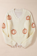 Beige Cable Knit Pumpkin Raw Hem V Neck Loose Sweater