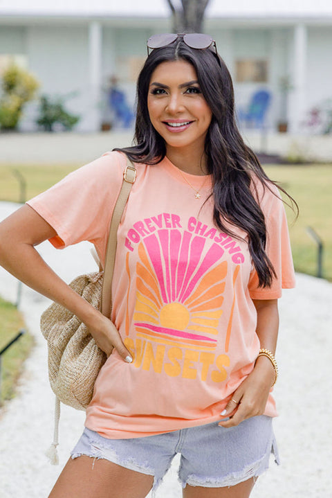 Pink FOREVER CHASING SUNSET Graphic T Shirt