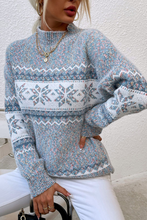 Gray Retro Snowflake Pattern Mock Neck Fuzzy Sweater