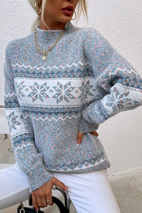 Gray Retro Snowflake Pattern Mock Neck Fuzzy Sweater