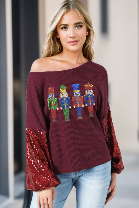 Burgundy Sequined Nutcracker Doll Contrast Sleeve Knit Top