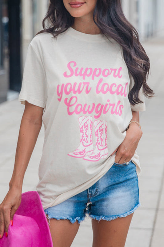 White Support Your Local Cowgirls Boots Print Crewneck Tee