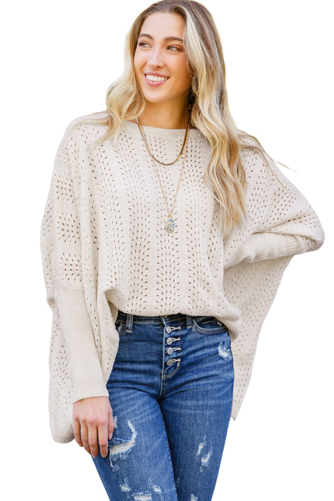 Beige Ribbed Hollow Knit Dolman Sleeve Sweater