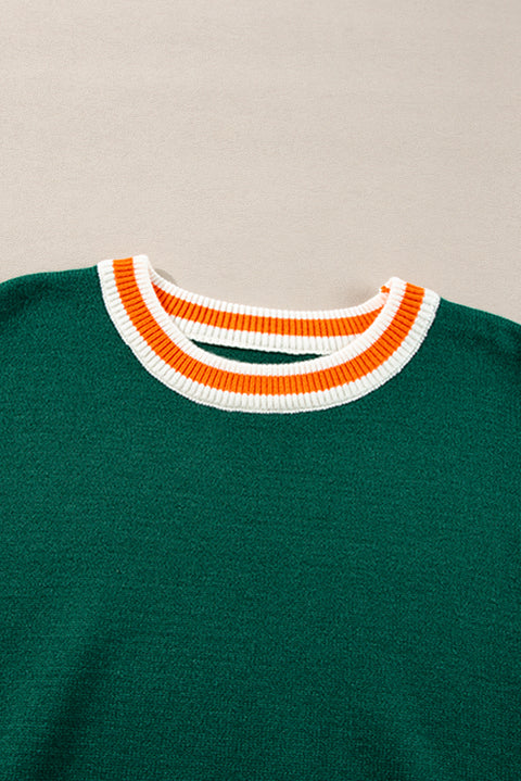 Blackish Green Colorblock Striped Trim Drop Shoulder Sweater