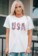 White USA Flag Sequin Patched Round Neck T Shirt