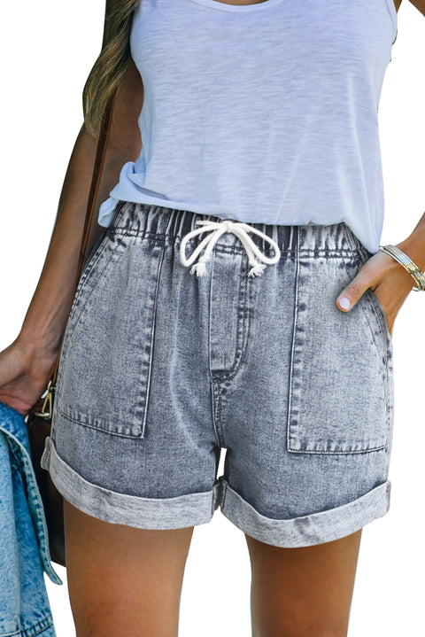 Pocketed Drawstring High Waist Denim Shorts