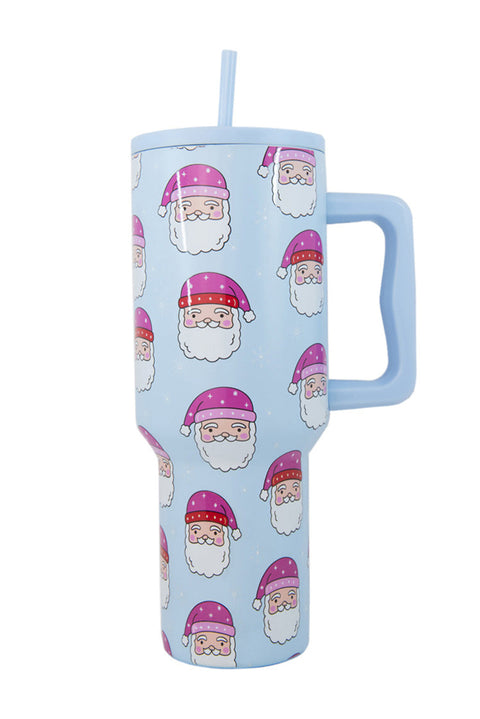 Light Blue Christmas Santa Claus Print Handle Large Tumbler