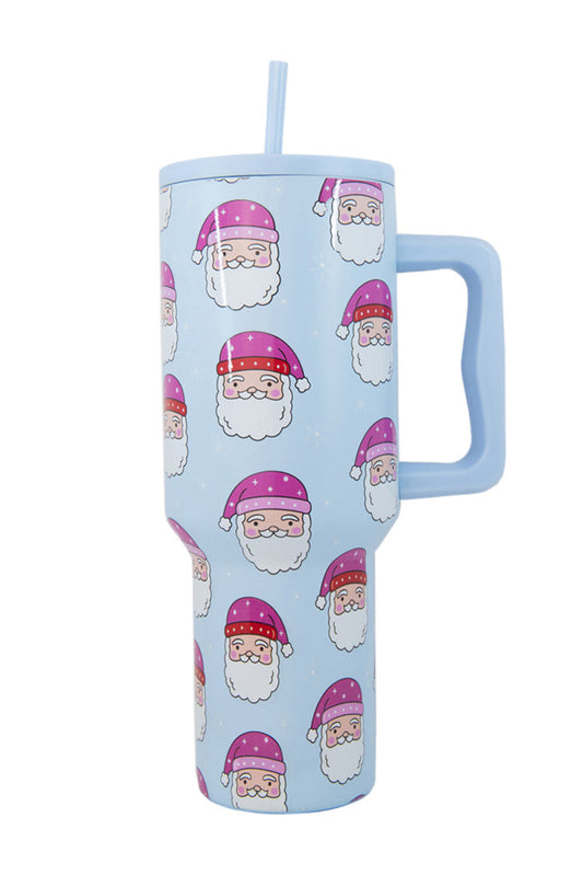 Light Blue Christmas Santa Claus Print Handle Large Tumbler