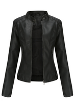 Black Leatherette Button Tab Stand Neck Zip Motor Jacket