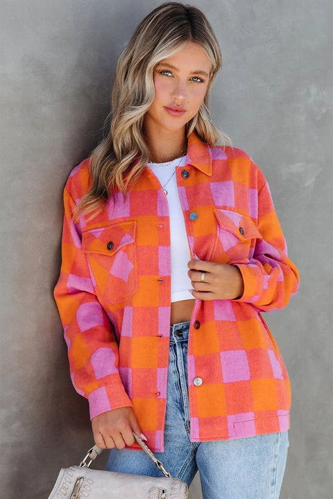 Orange Plaid Chest Pockets Button-up Turn Down Collar Jacket