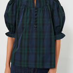 Green Stripe Plaid Puff Sleeve Frilled Trim Elegant Blouse