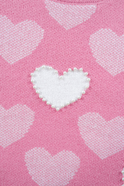 Pink Pearled Heart Print Valentines Crew Neck Sweater