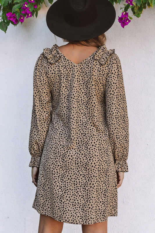 Vestido caqui con cuello en V y ribete de volantes de leopardo 