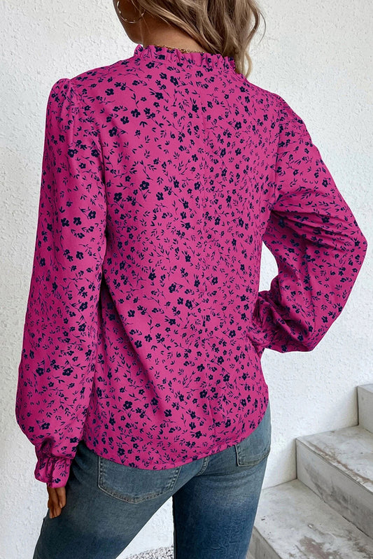 Rose Floral Print Split Neck Long Sleeve Blouse