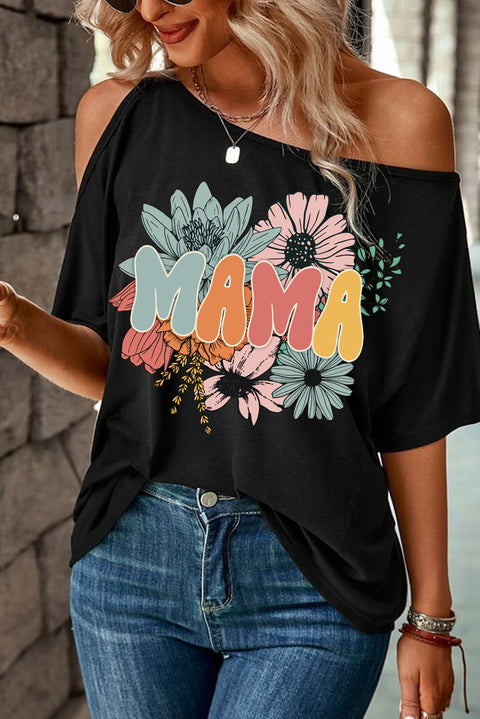 Black MAMA Flower Print Asymmetric Neck Casual T Shirt