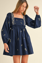 Blue Floral Embroidered Square Neck Puff Sleeve Ruffled Mini Dress