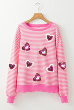 Pink Stripe Sequin Heart Patched Pattern Long Sleeve Valentines Top