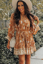 Camel 3/4 Sleeve Tie Waist Pleated Short Boho Floral Dress