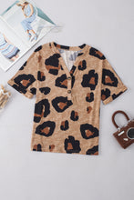 Light French Beige Leopard Folded Short Sleeve Buttoned V Neck Blouse