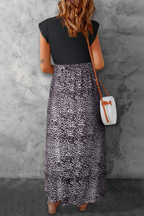 Leopard Patchwork Ribbed Maxi Dress with Pockets