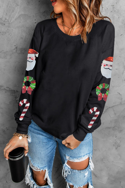 Black Christmas Pattern Sequined Crewneck Sweatshirt