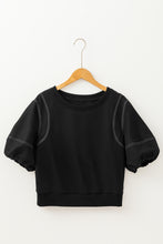 Black Contrast Stitches Detail Puffy Half Sleeve Blouse