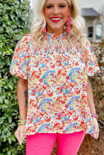 Multicolor Abstract Print Smocked Puff Sleeves Blouse