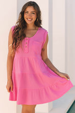 Bright Pink Waffle Textured Button Round Neck A-line Tiered Sleeveless Dress