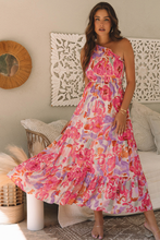 Pink Abstract Floral Print Shirred One Shoulder Maxi Dress