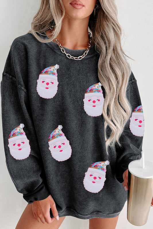 Black Sequined Santa Claus Graphic Corded Sweatshirt