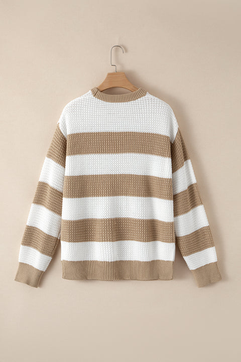 Light French Beige Colorblock Striped Drop Shoulder Side Slit Sweater