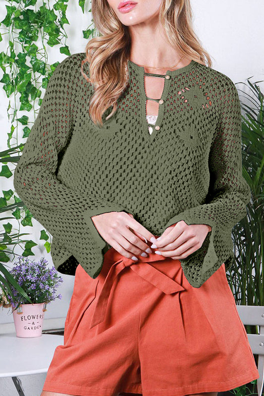 Vineyard Green Open Knit Buttoned Neck Split Sleeve Sweater