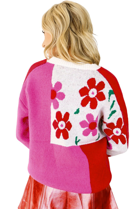 Rose Red Floral Mixed Color Block Sweater