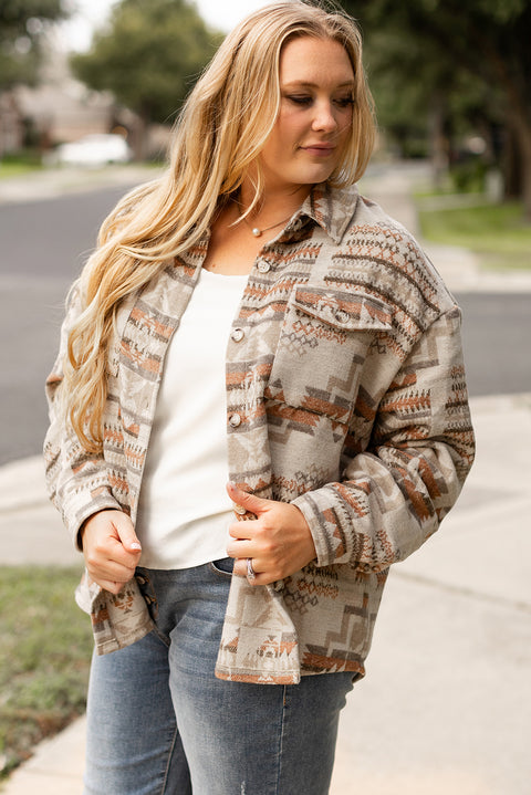 White Aztec Geometric Print Pockets Plus Size Jacket