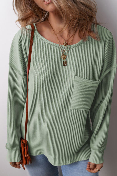 Clearly Aqua Plus Size Corded Knit Pocketed Crew Neck Top