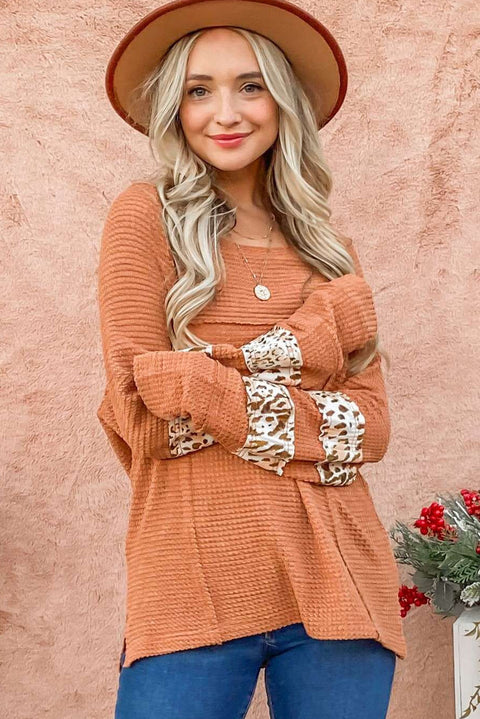 Apricot Leopard Splicing Exposed Seam Waffle Knit Top