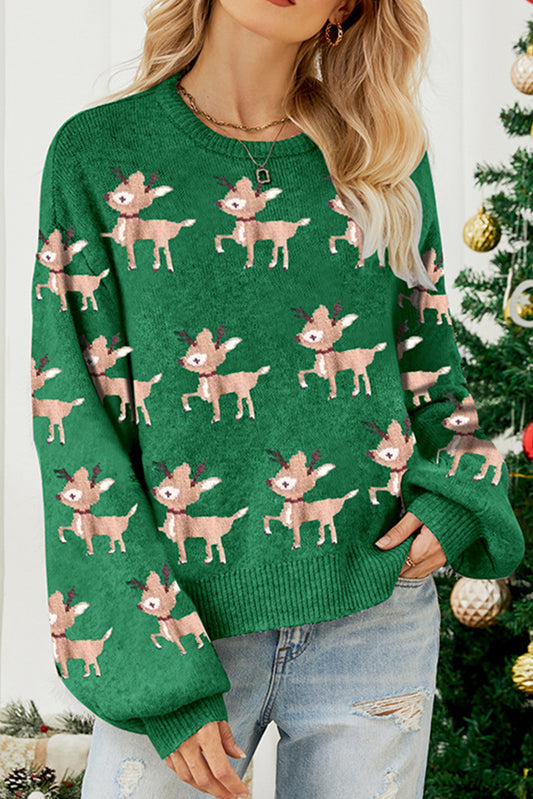 Dark Green Christmas Reindeer Pattern Drop Shoulder Sweater