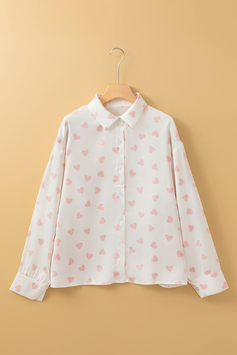 White Love Heart Print Drop Shoulder Puff Sleeve Shirt