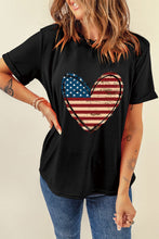 Black American Flag Heart Shape Round Neck Graphic Tee