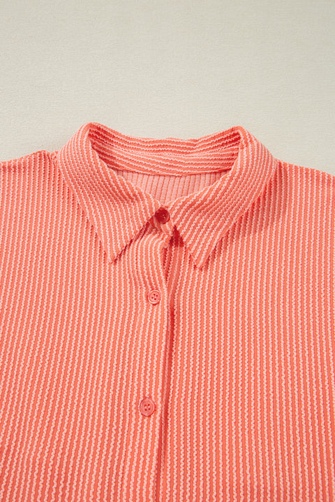 Grapefruit Orange Corded Half Sleeve Button Up High Low Hem Loose Shirt