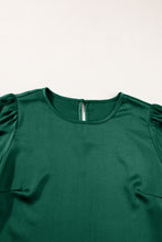 Blackish Green Solid Color Satin Keyhole Back Wide Sleeve Blouse