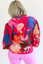 Rose Blooming Flower Print Ruffled Puff Sleeve Blouse