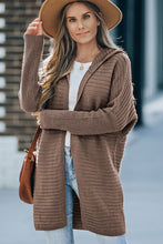 Brown Horizontal Rib Knitted Open Front Hooded Cardigan