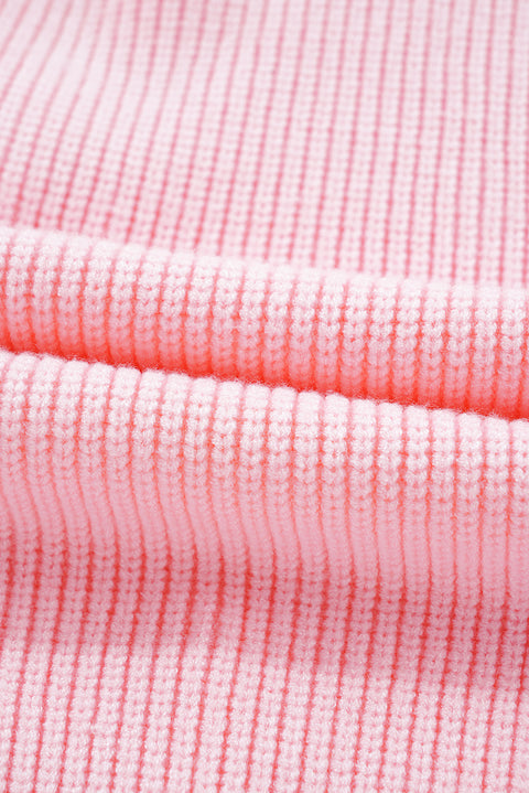 Pink Ribbed Knit Scalloped Edge Side Pockets Buttoned Cardigan